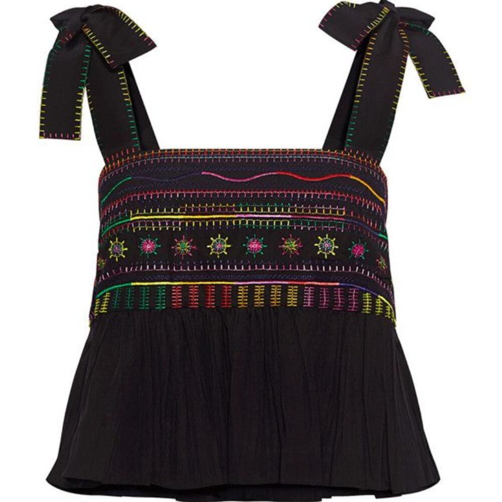 SALONI black cotton colorful embroidered cropped Jools cotton tank top blouse